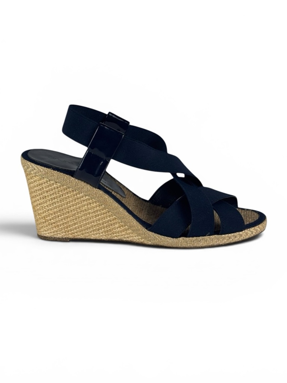 ANDRE ASSOUS NAVY BLUE CRISS CROSS ELASTIC ESPADRILLE WEDGE SANDALS